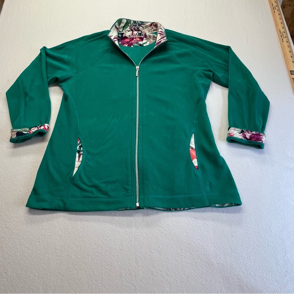 Tommy Bahama Zipper Sweater Green w/Floral Lining Women XL *Slight discoloring